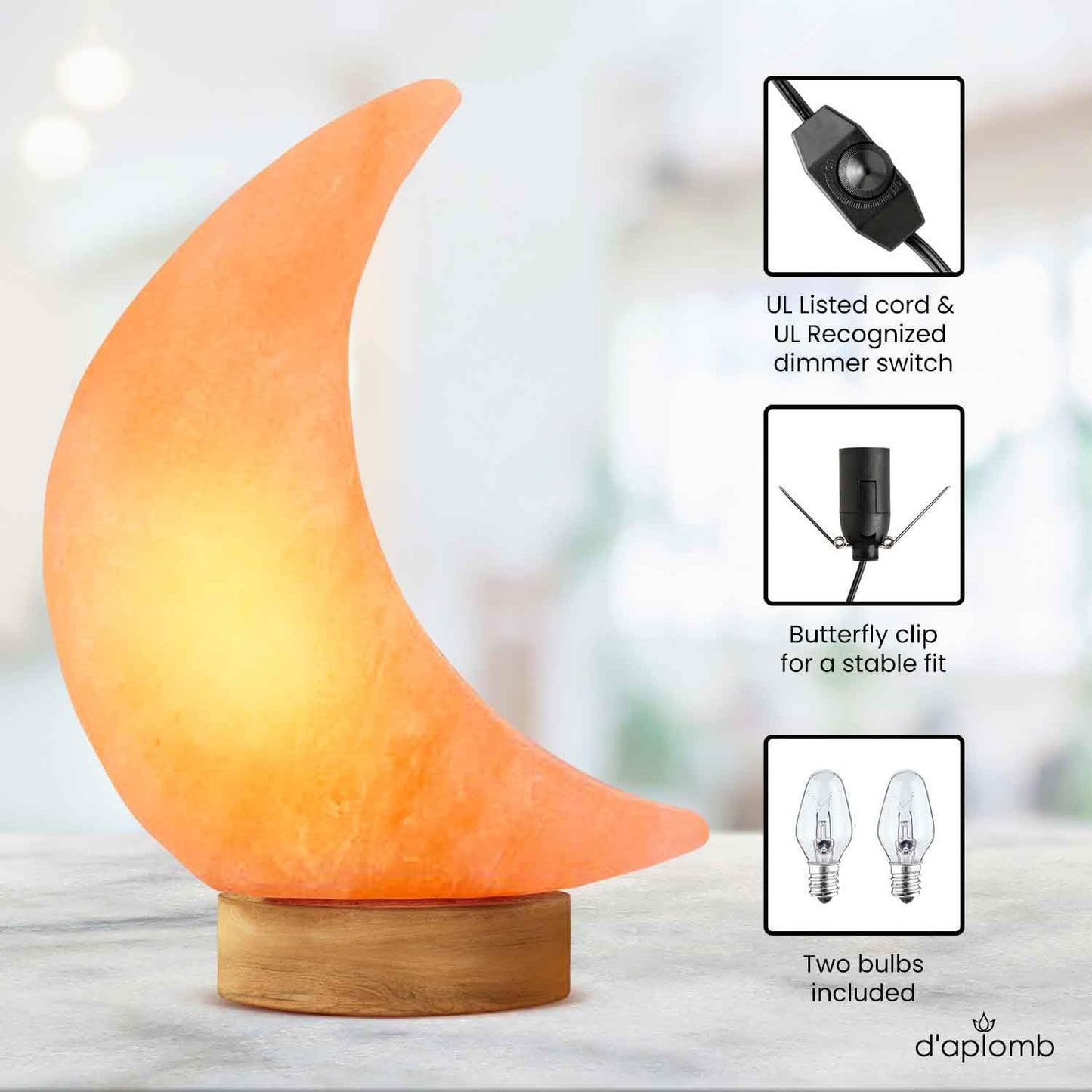 d'aplomb 100% Authentic Natural Himalayan Salt Lamp;Hand Carved Moon Pink | Crystal Rock Salt from Himalayan Mountains; Dimmer Cord; 5 lbs