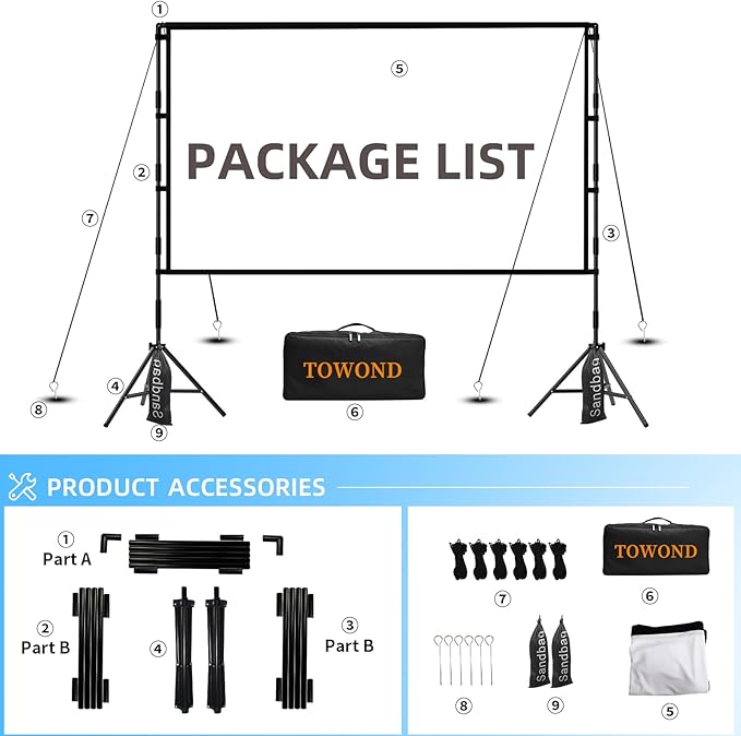 TOWOND Projector Screen with Stand, 84 inch Outdoor Projector Screen Portable - Image 6
