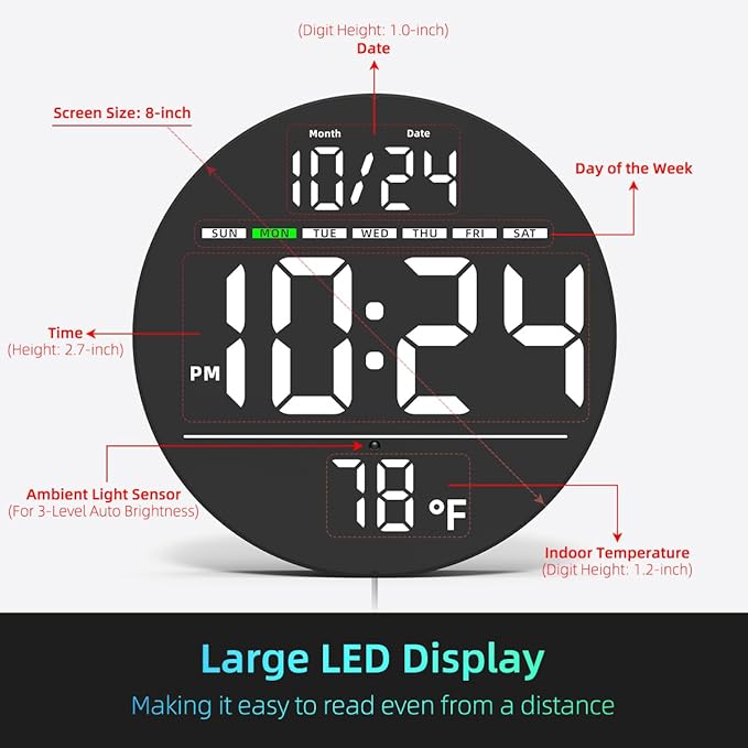 Digital Wall Clock with Large LED Display, Temperature, Auto-Brightness | Small - Image 3