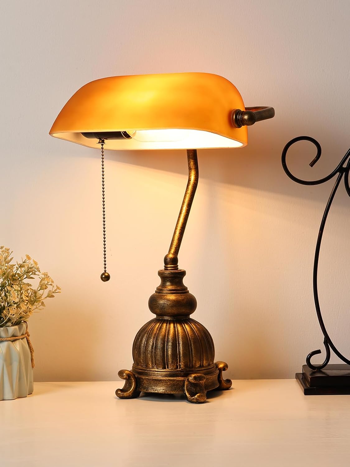 Retro Amber Glass Bankers Desk Lamp,LED Bulb Included | Pull Chain Switch for Home Office Library Plug in Fixture