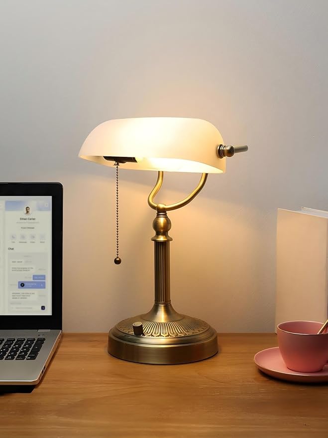 Newrays White Matted Glass Bankers Desk Lamp, Stepless Dimmable Table Lamp Plug - Image 2