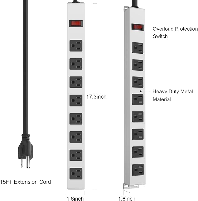 JUNNUJ Metal 8 Outlet Power Strip, Mountable Heavy Duty Power Strip, 1200J - Image 4