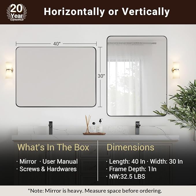 ANDY STAR Wall Mirror for Bathroom, Modern Rounded Rectangle Metal Frame Mirror - Image 4