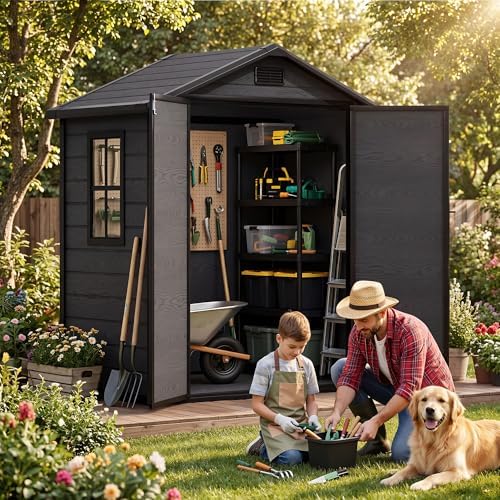 dwvo 6x4ft resin outdoor storage shed with reinforced shown in use