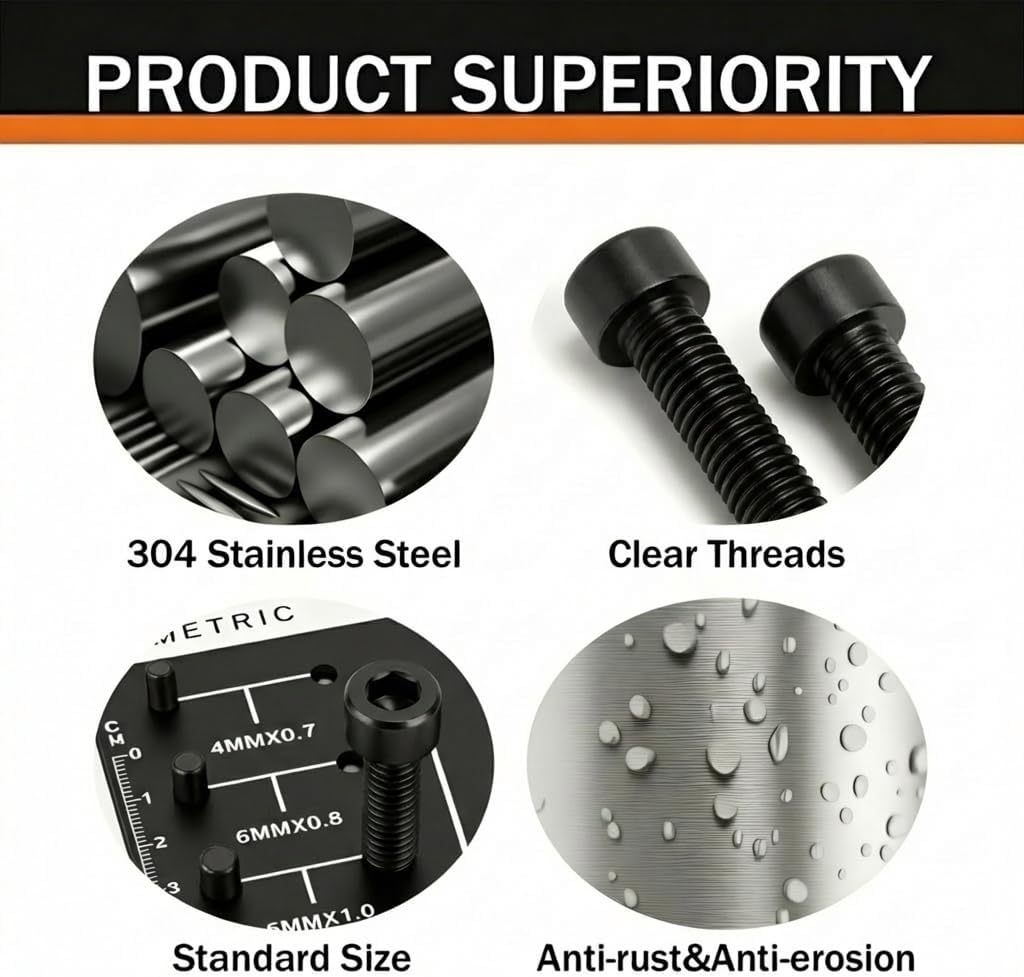 M4 x 14mm (50 Pack) Socket Head Cap Bolts with Hex Spanner, Black Oxide 304 Stainless Steel 18-8, Allen Socket Drive, Full Thread