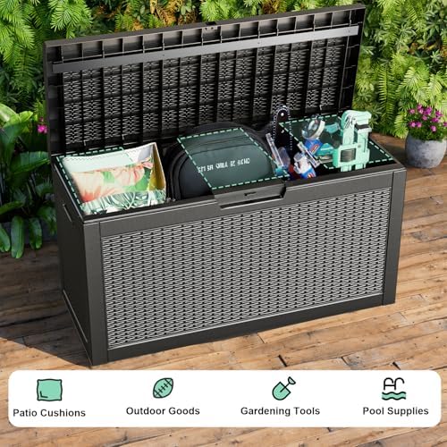 waterproof outdoor storage box, 70 gallon lockable deck, side view