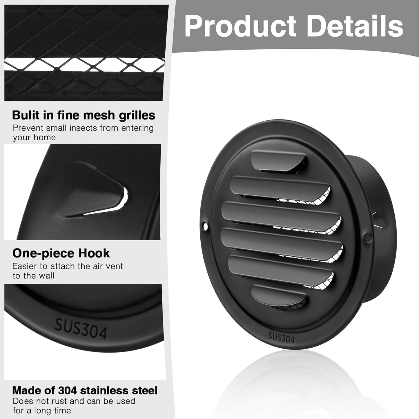 Gisafai 4 Pcs Round Soffit Vent Cover 4 Inch Stainless Steel Louvered Grille Metal Air Vent Covers with Built in Fly Screen Mesh for HVAC Ventilation House Flat Garage Exterior (Black)