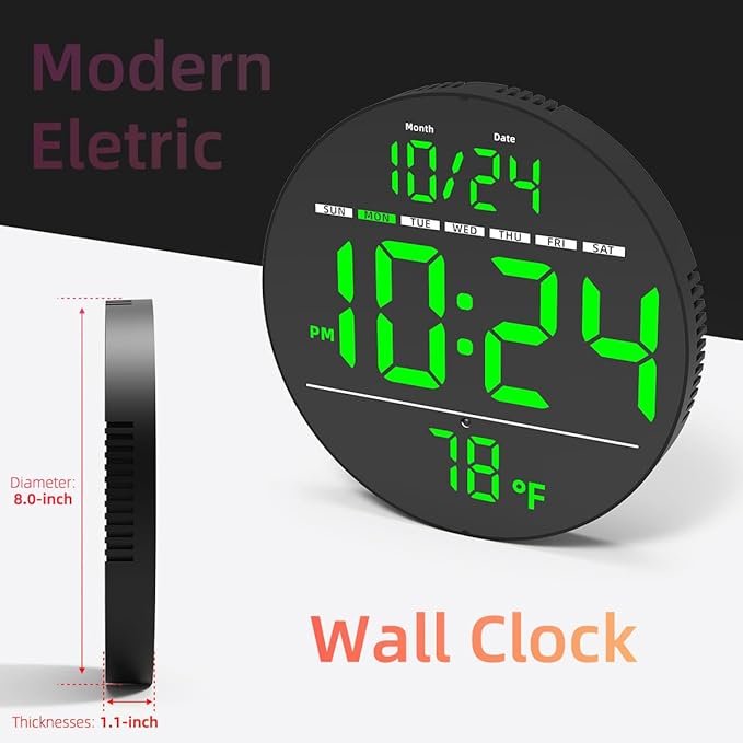 Digital Wall Clock with Large LED Display, Temperature, Auto-Brightness | Small - Image 7