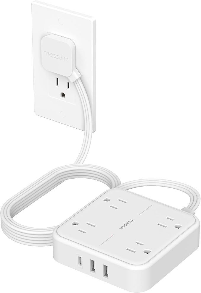 Surge Protector Flat Extension Cord 10FT, TESSAN Flat Plug Power Strip by TESSAN