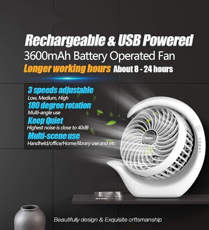 Viniper Portable Rechargeable Fan, Small Desk Fan : 3 Speeds & about 8-24 Hours - Image 3