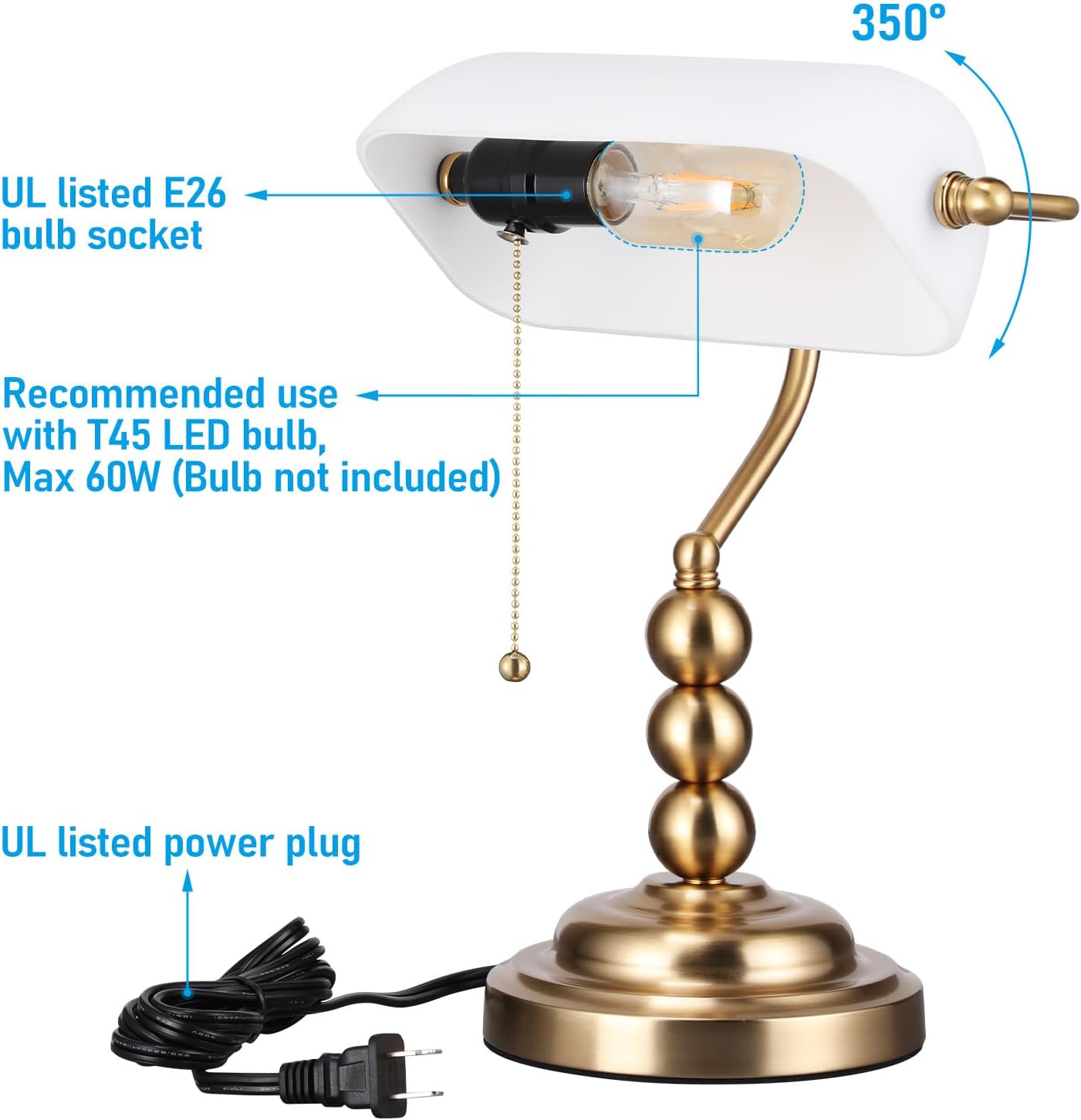 TORCHSTAR Ivory White Glass Bankers Desk Lamp with Pull Chain, E26 Base | Retro Weighted Base, Antique Traditional Library Lamp for Office Study Room, Bulbs not Included