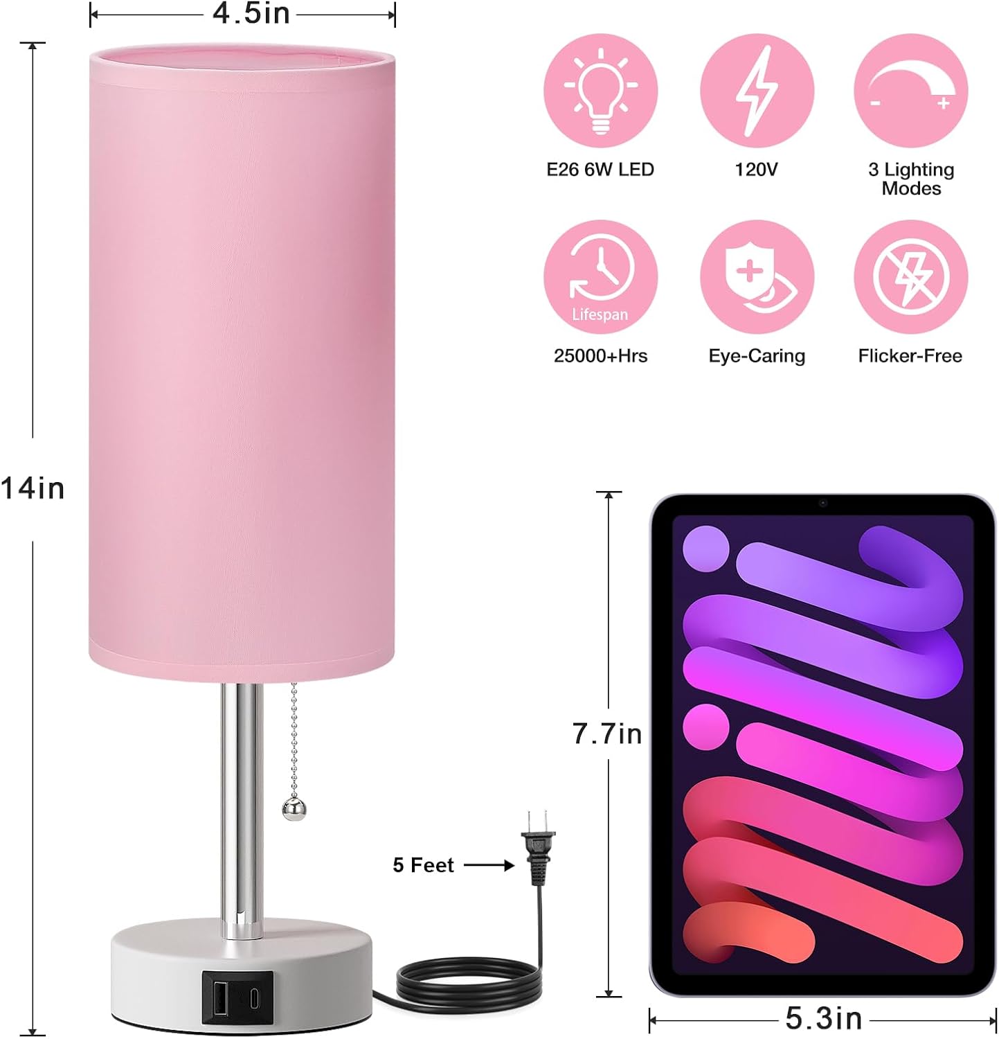 Dicoool Pink Bedside Table Lamp for Girls Bedroom - USB A+C Charging Ports | 3 Color Temperatures, Bulb Included, Pink Fabric Shade, White Metal Base, Cute Pink Room Decor, 14" Desk Lamp for Kids Dorm