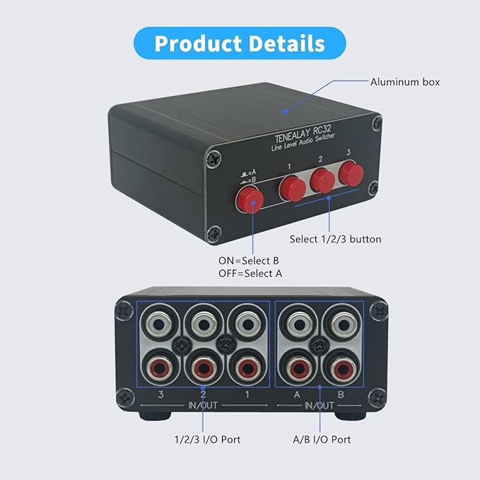 TENEALAY 3 in 2 Out RCA Stereo Audio Switch Input Signal Source Switcher - Image 8