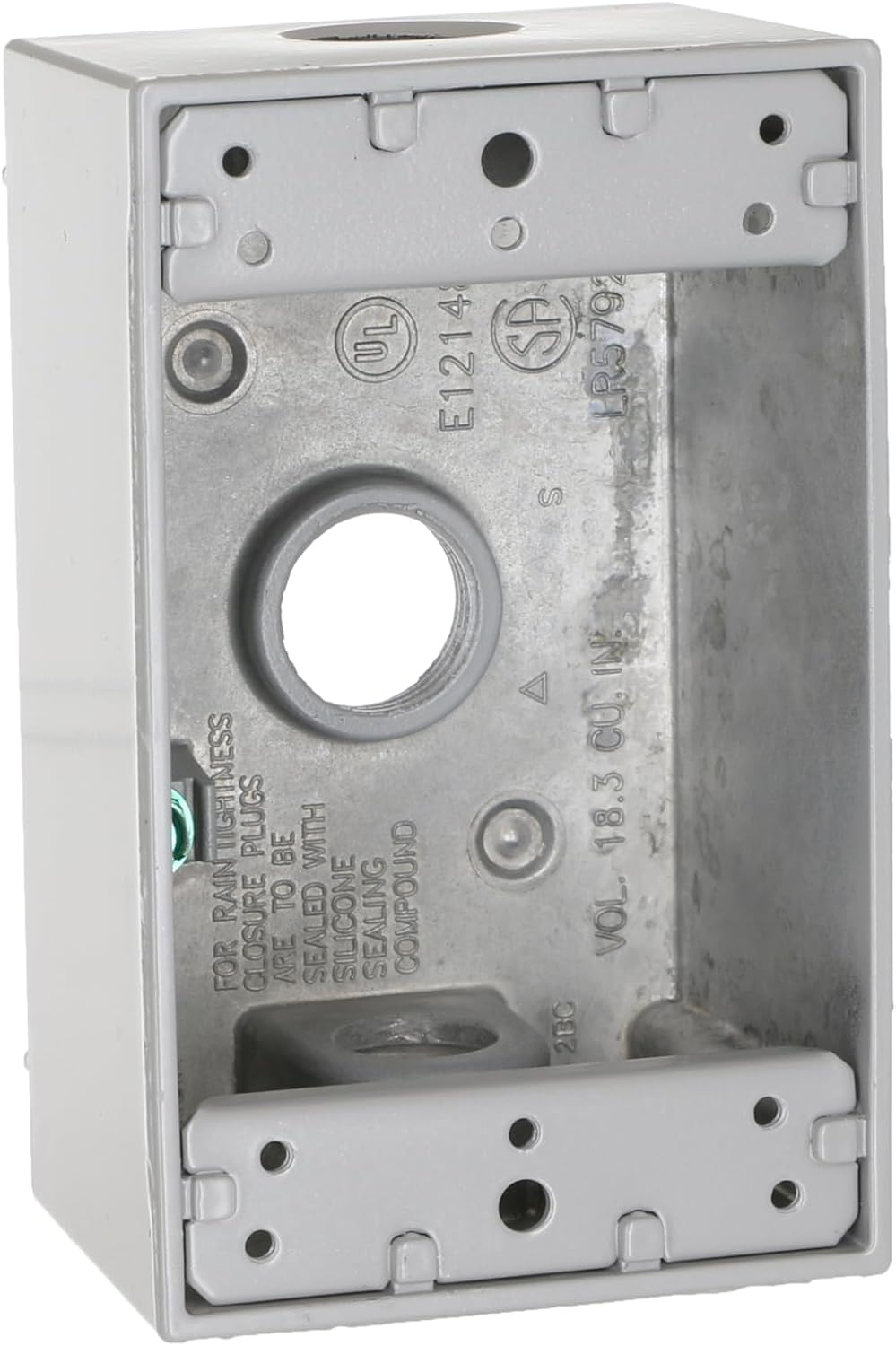 BELL 1-Gang Weatherproof Box, Three 1/2 in. Threaded Outlets, Gray | Die-Cast Aluminum, NEMA 3R, UL Listed, CSA Certified, Single Gang Weatherproof Box, Includes Ground Screw, Threaded Outlets