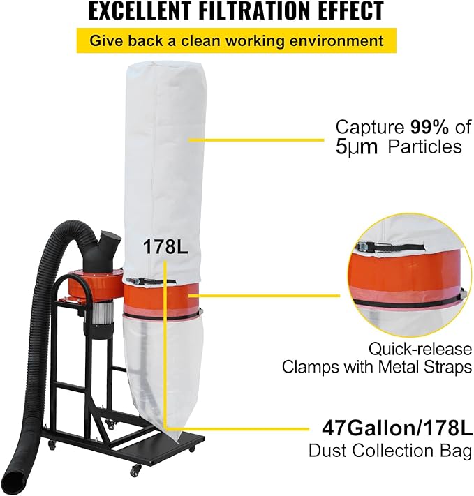 VEVOR 1.5 HP Dust Collector, 716 CFM, Portable Vortex Dust Collector, - Image 5