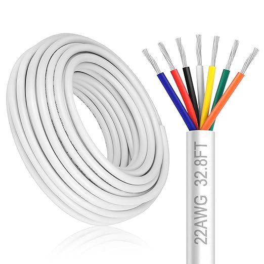 22 Gauge 7 Conductor Electrical Wire, 32.8FT White Stranded Low Voltage 22/7 by DEKIEVALE