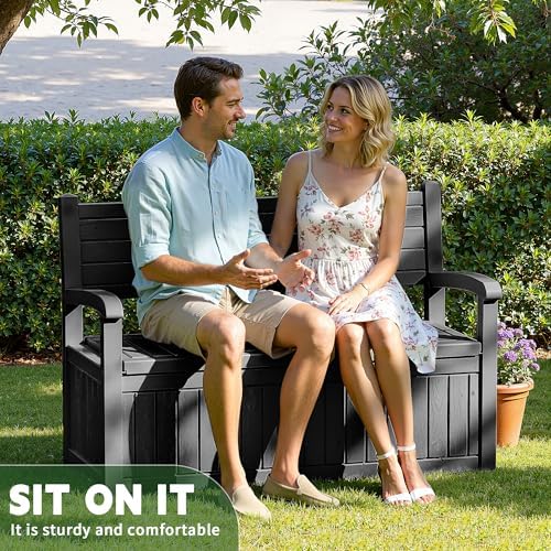 80 gallon outdoor storage bench,waterproof resin deck box, front angle view