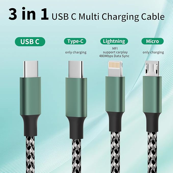 USB C Multi Charging Cable, 3 in 1 Charging Cable Nylon Braided Universal - Image 2