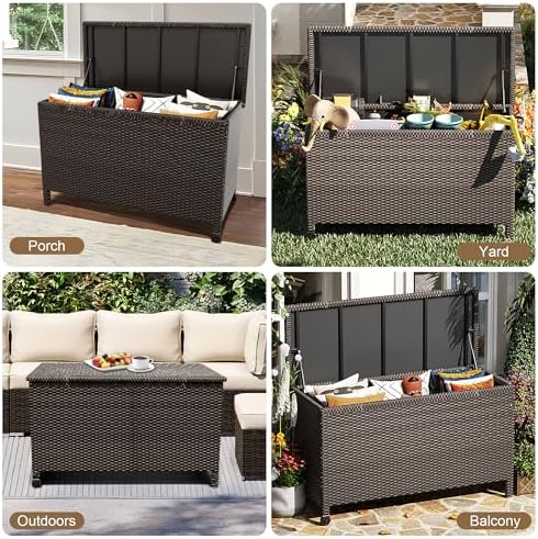 wicker deck box, 185 gallon all-weather outdoor storage, front angle view