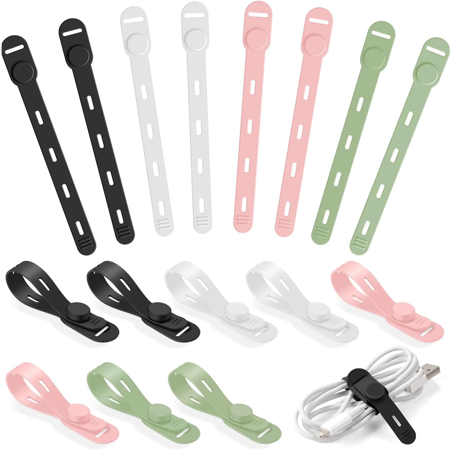 OneLeaf Reusable Silicone Cable Ties, Soft Cord Bundlers for USB Chargers, Kitchen Appliance, Adjustable Wire Management Straps with Secure Buckle, Travel Tech & Cruise Essentials Keepers, Multicolor