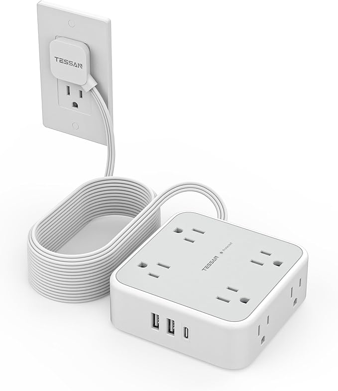 Flat Plug 20 FT Long Extension Cord, TESSAN Ultra Thin Power Strip Surge by TESSAN