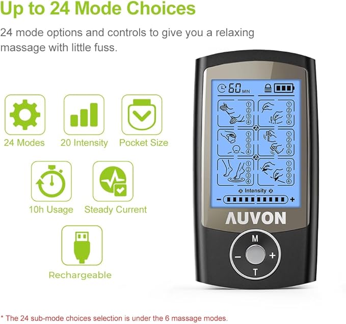 AUVON Rechargeable TENS Unit Muscle Stimulator, 24 Modes 4th Gen TENS Machine - Image 3