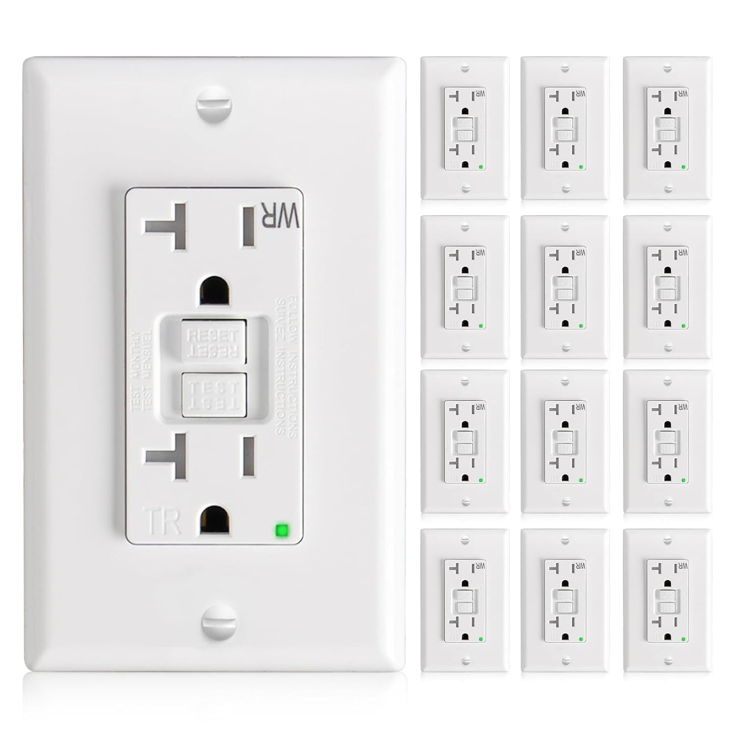 Amico GFCI Outlet 20 Amp, 12 Pack, White, Weather Resistant(WR) | ETL listed, self-test with LED indicator, thinner design, indoor or outdoor, plates and screws included