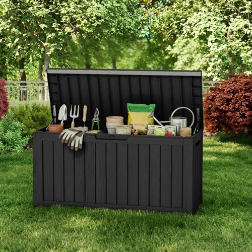 85 gallon outdoor deck box, resin waterproof storage showing dimensions