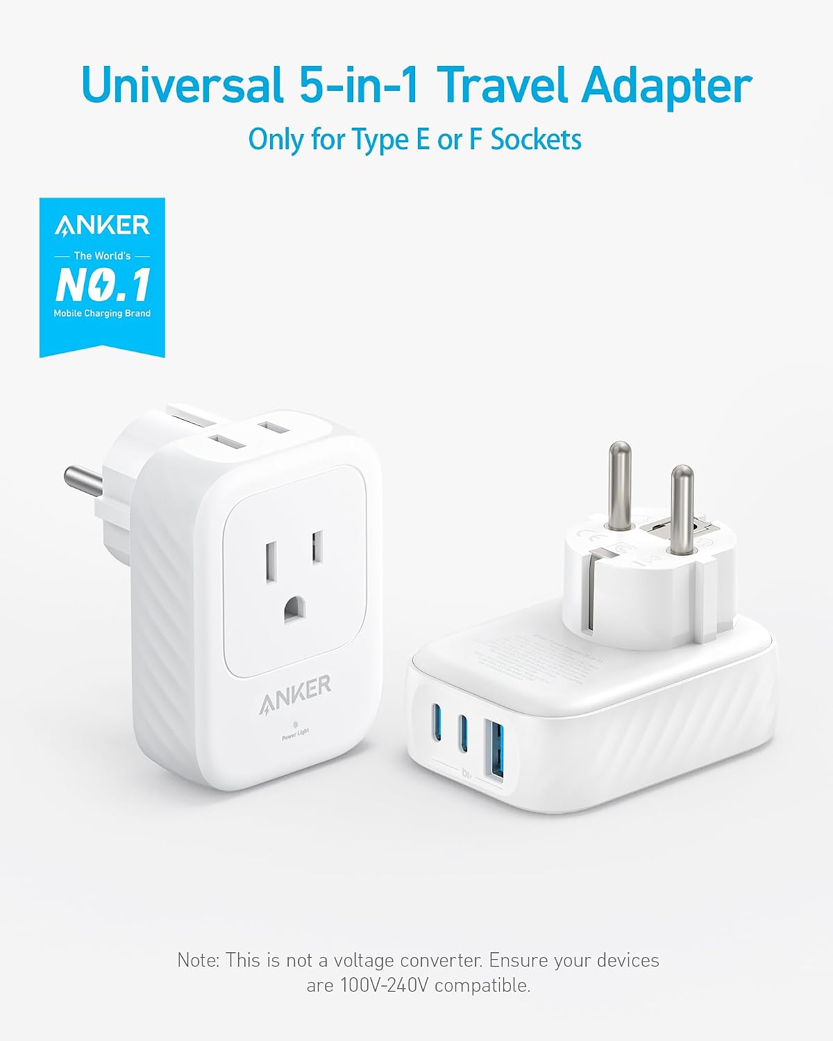 Anker Travel Adapter, European Travel Plug Adapter, US to Europe, 15W | Internationl Travel Essentials, 2 AC, 1 USB A, 2 USB C, Compact Type E/F for iPhone, iPad, TUV Listed (Not for Type L/G)