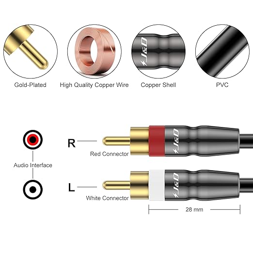 J&D RCA Cable, 2 RCA Male to Male Stereo Audio Cable, Heavy Duty, Compatible - Image 2