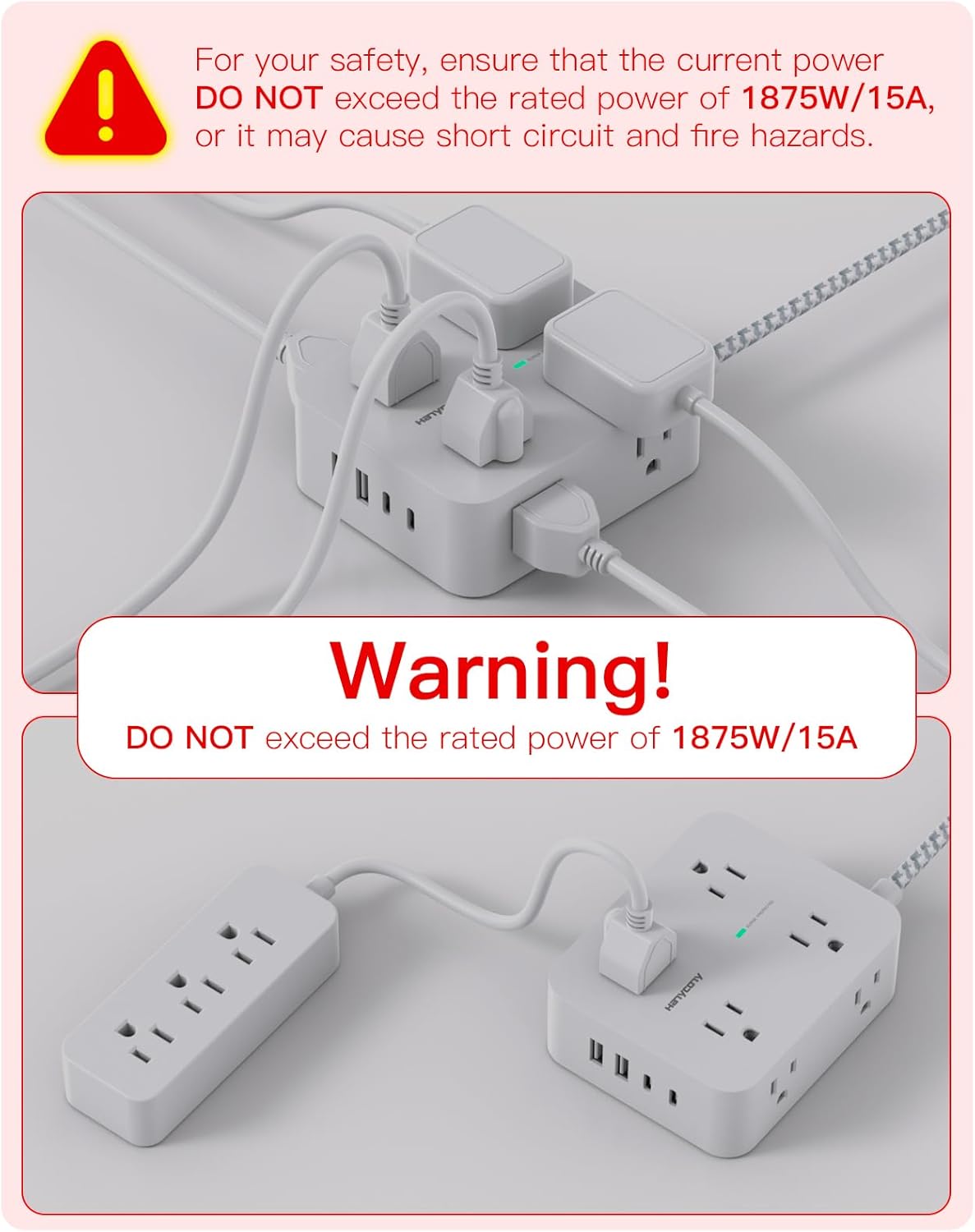 HANYCONY Surge Protector Power Strip, 1080J, 5 Ft Braided Extension Cord | 8 Outlets 4 USB Ports(2 USB C), Outlet Extender, Flat Plug, Wall Mount, Desk Charging Station, Home Office, Dorm Room ETL