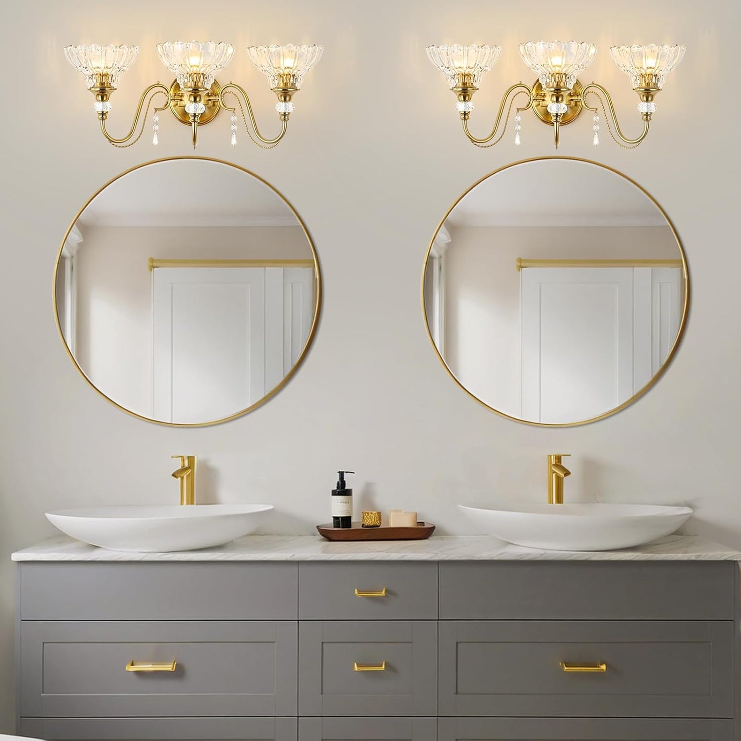 Vintage Bathroom Vanity Light, 3-Light Brushed Gold Finish Wall Sconce with Hanging Crystal Accents and Flower-Shaped Clear Glass Shades, Retro Wall Mount Vanity Light Over Mirror for Bathroom
