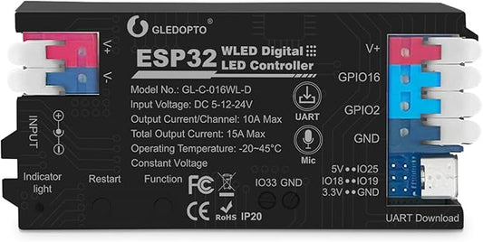 ESP32 WLED LED Strip Light Controller 15A Fuse Link Built in Mic UART Type-C by GledoptoSmartHome