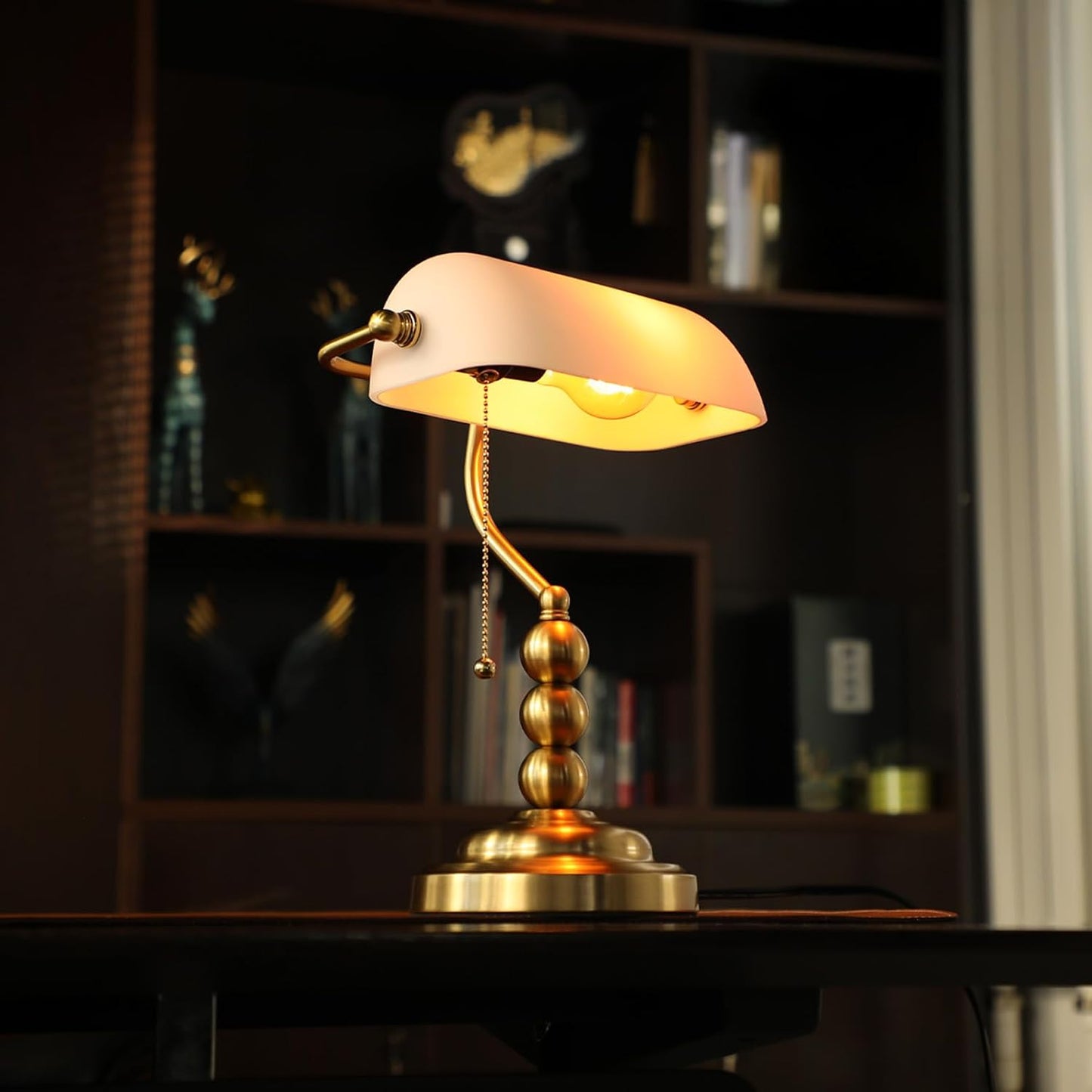 TORCHSTAR Ivory White Glass Bankers Desk Lamp with Pull Chain, E26 Base | Retro Weighted Base, Antique Traditional Library Lamp for Office Study Room, Bulbs not Included