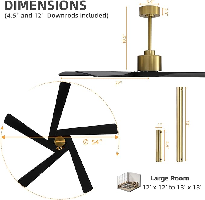 WINGBO 54" ABS DC Ceiling Fan No Light, 5 Blade ABS Plastic Ceiling Fan - Image 3