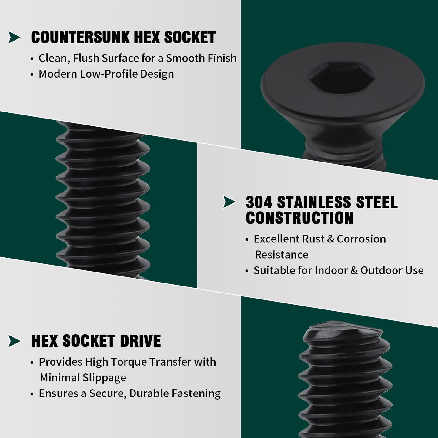 #10-32 x 3/4" Flat Head Socket Head Cap Screws Black, Allen Hex Drive, 304 Stainless Steel 18-8, Black Coated Finish, Corrosion Resistant, Full Thread, Coarse Thread, 50 PCS