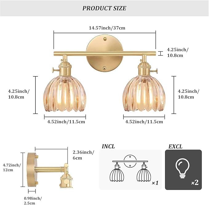 Shenmoyl Bathroom Light Fixtures, 2-Light Brass Vanity Wall Light Over Mirror - Image 5