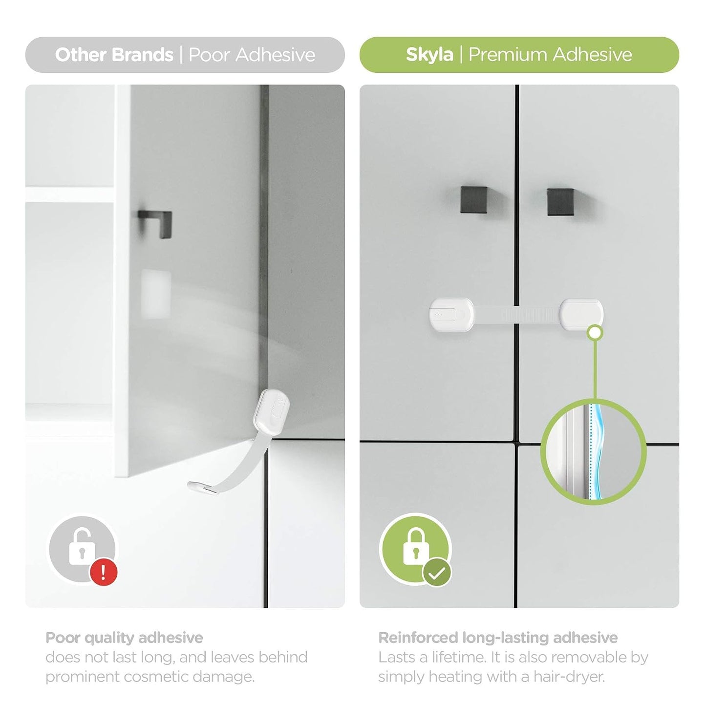SKYLA HOMES Child Safety Cabinet Locks, White, 8 Pack | ABS and TPE adhesive latches for cabinets, drawers, ovens and toilet seats; no screws or magnets needed