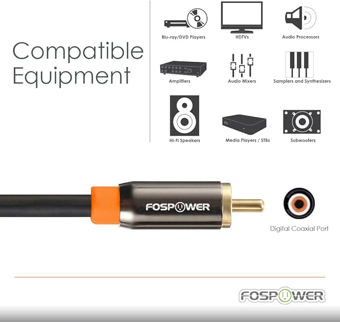 FosPower Digital Audio Coaxial Cable Premium S/PDIF RCA Male to RCA Male - Image 5