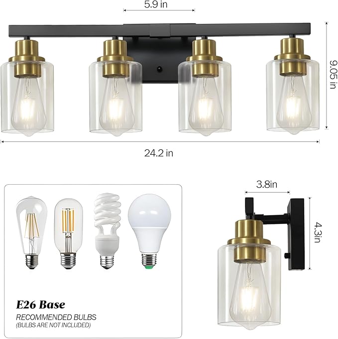 DIKAIDA Bathroom Vanity Light, 4-Light Black and Gold Bathroom Light Fixtures - Image 3