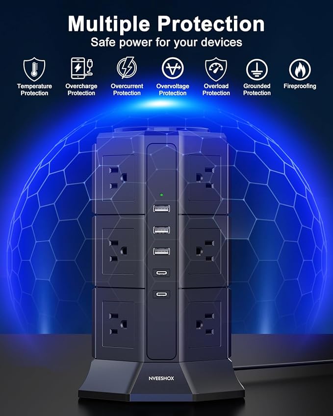 Surge Protector Power Strip Tower, 10FT Ultra Flat Extension Cord - Image 5