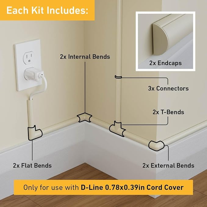 D-Line Small Cable Raceway Accessory Pack, Join 0.78in x 0.39in Cord Cover - Image 2