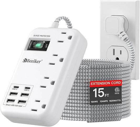 6 USB Surge Protector Power Strip- 15 Ft Extension Cord by Beeiker-BetterHelperforYou