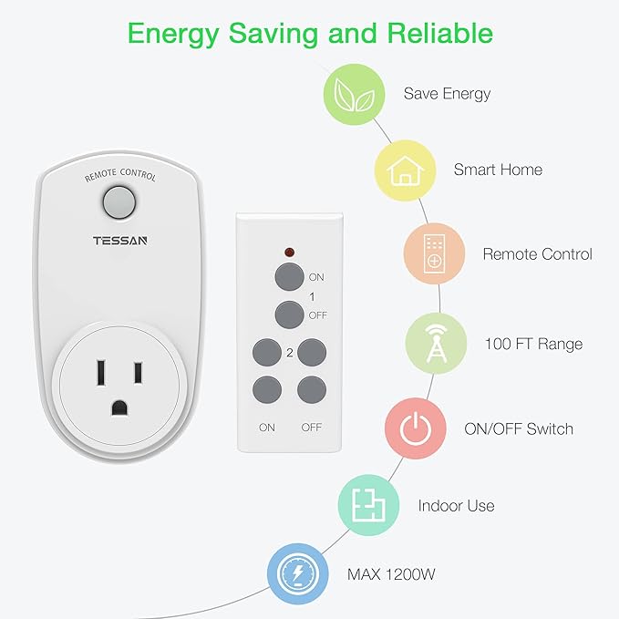 2 Pack Remote Control Outlet, TESSAN Wireless Electrical Plug Switch - Image 2