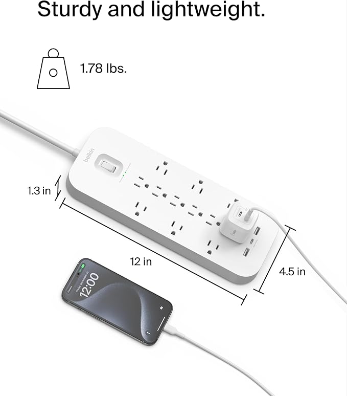 Belkin 12-Outlet Surge Protector Power Strip w/ 12 AC Outlets, 2 USB-A Ports - Image 4