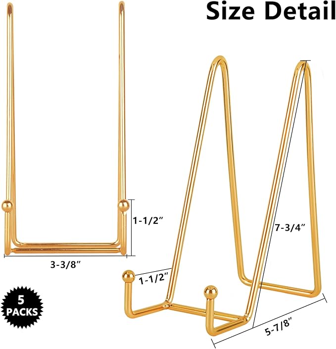 IBosins 5 Pack 8 Inch Plate Holder Display Stands, Large Metal Gold Frame Stand - Image 2