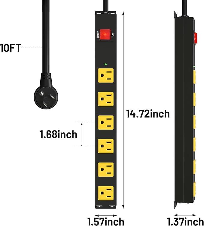 Heavy Duty 6 Outlet Metal Long Power Strip, 2700J Surge Protector - Image 7
