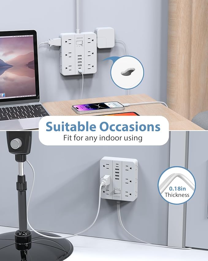 Power Strip Flat Plug with 12 Outlets 6 USB, SMNICE Surge Protector Charging - Image 4