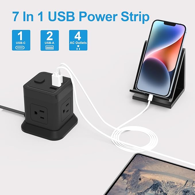 Power Strip with USB C Ports, FDTEK Power Cube with USB C, PD 20W Fast Charge - Image 2