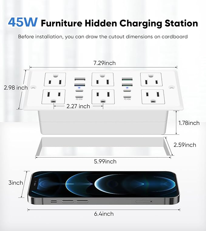 Recessed Power Strip with 45W USB C, Furniture Desk Flush Mount Outlet - Image 7